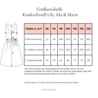 Größentabelle für Kinderdirndl Lily, Ida & Marie Größen 86, 92, 98, 104, 110, 116 und 122.