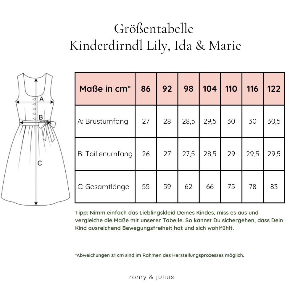 Größentabelle für Kinderdirndl Lily, Ida & Marie Größen 86, 92, 98, 104, 110, 116 und 122.