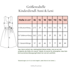 Größentabelle für Kinderdirndl Größen 86, 92, 98, 104, 110, 116 und 122.