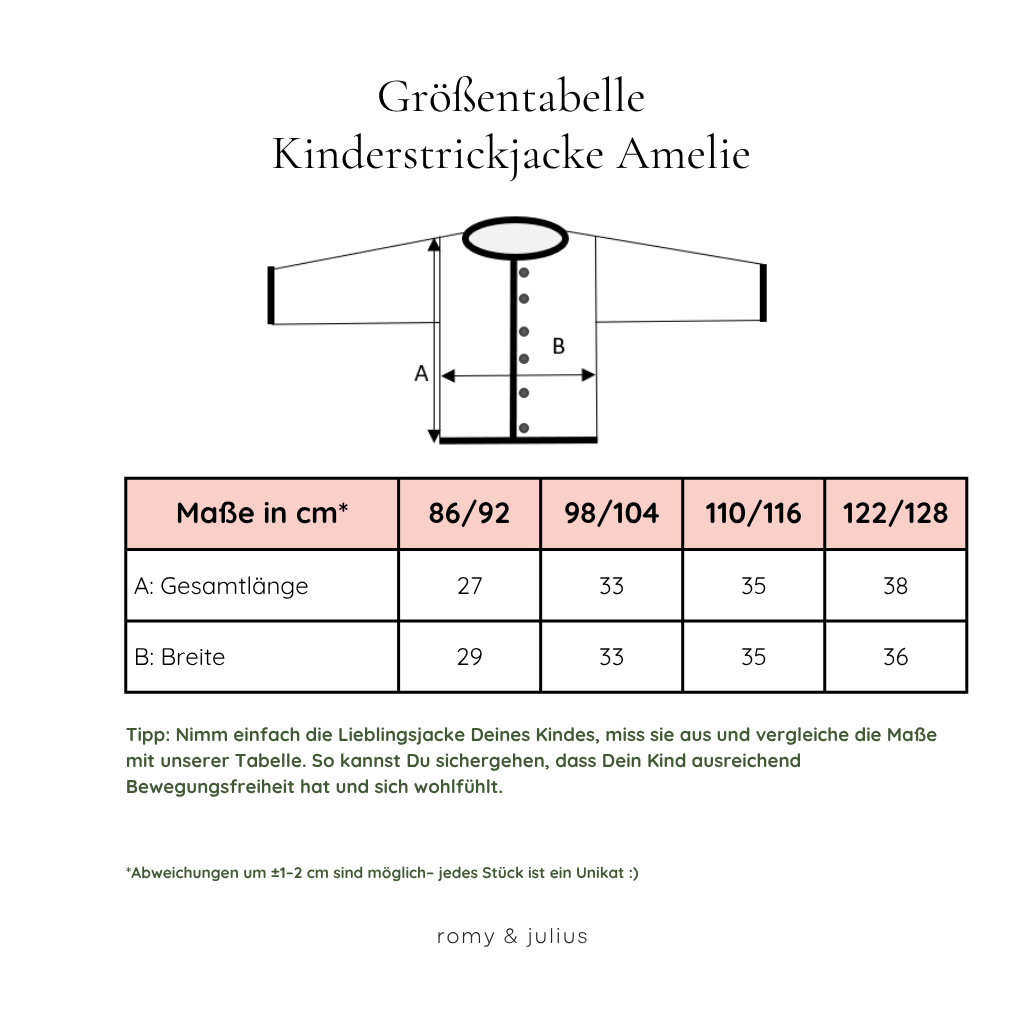 Größentabelle für Kindertrachtenstrickjacke Größen 86/92, 98/104, 110/116 und 122/128.