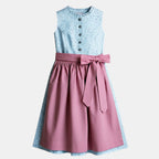 Kinderdirndl hellblau mit altrosa Schürze vor freigestelltem neutralem Hintergrund 
