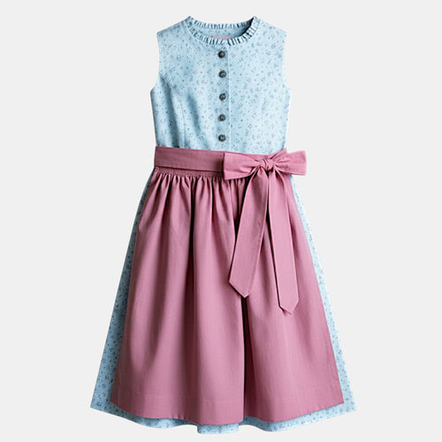 Kinderdirndl hellblau mit altrosa Schürze vor freigestelltem neutralem Hintergrund 